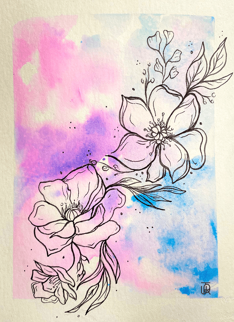 Water Colour Background with Flowers Drawn Overtop. Watercolour and Pen.